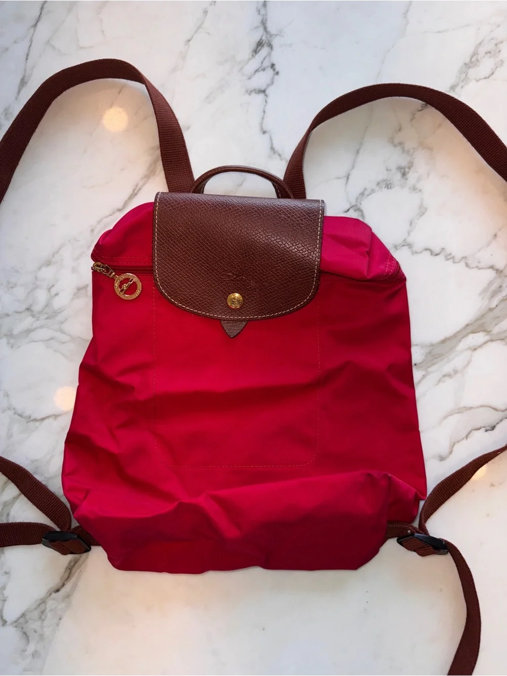 Longchamp pink nylon backpack with brown leather flap